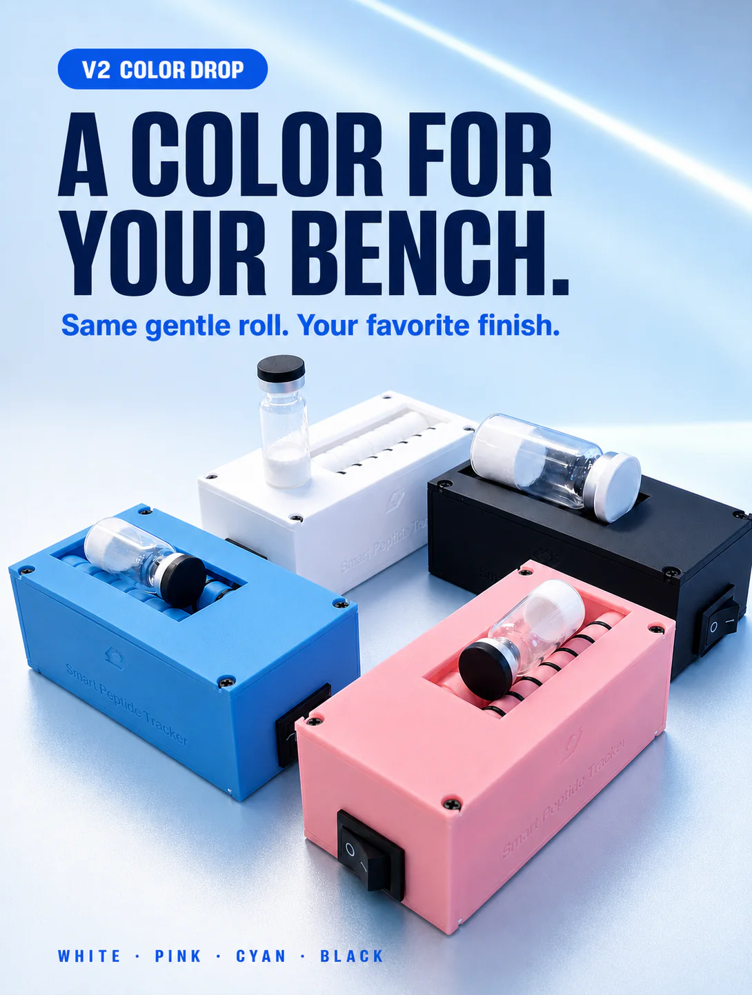 Close view of pink, cyan, white, and black Standard V2 vial rollers