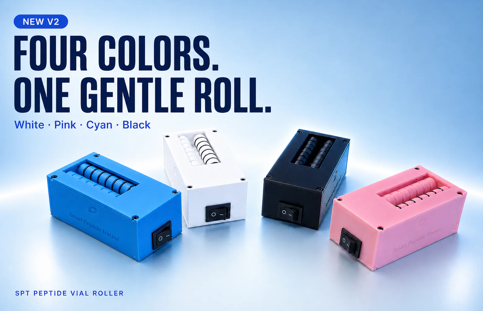 Standard V2 vial rollers in cyan, white, black, and pink