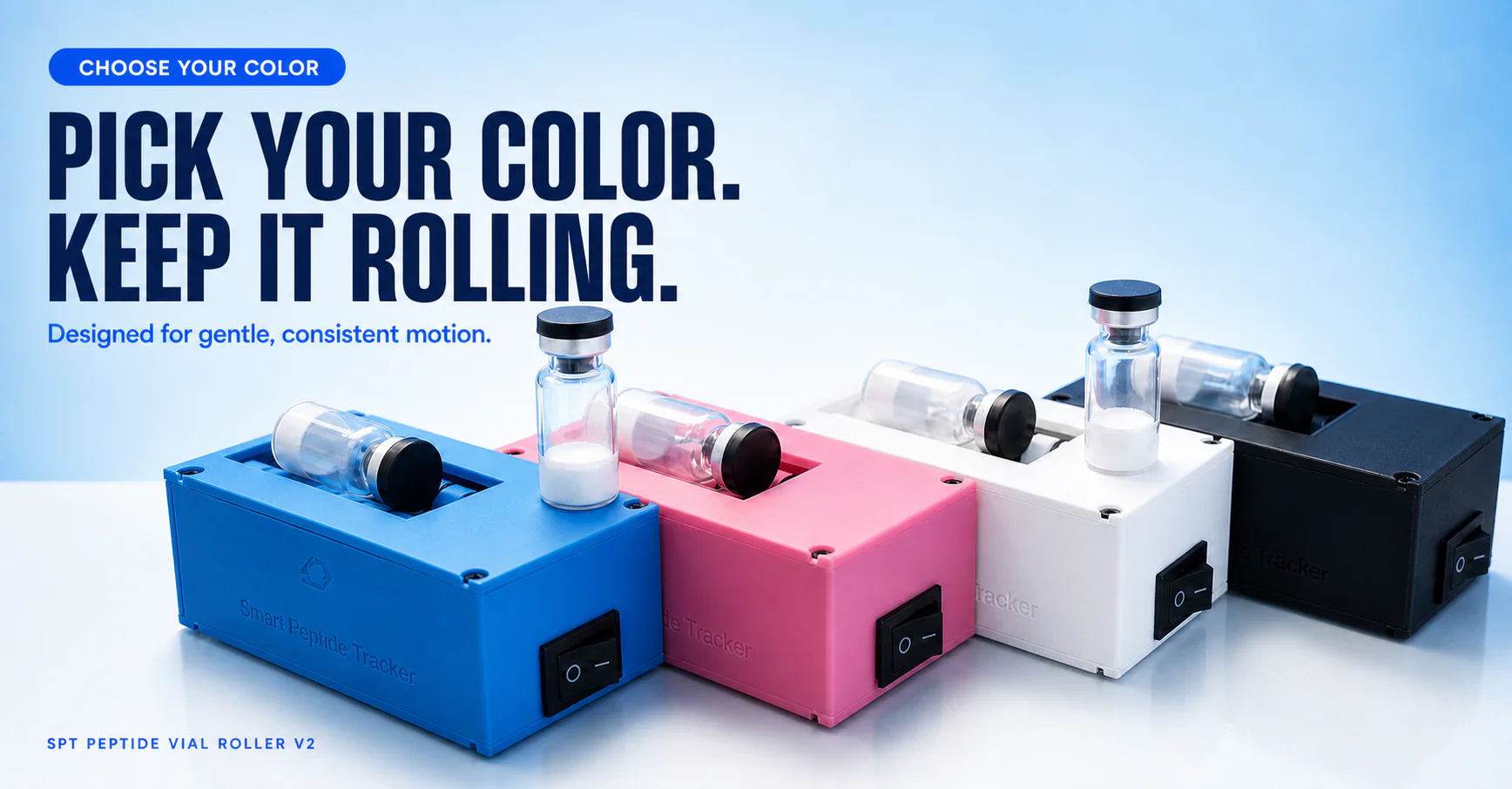 Cyan, pink, white, and black Standard V2 vial rollers with research vials