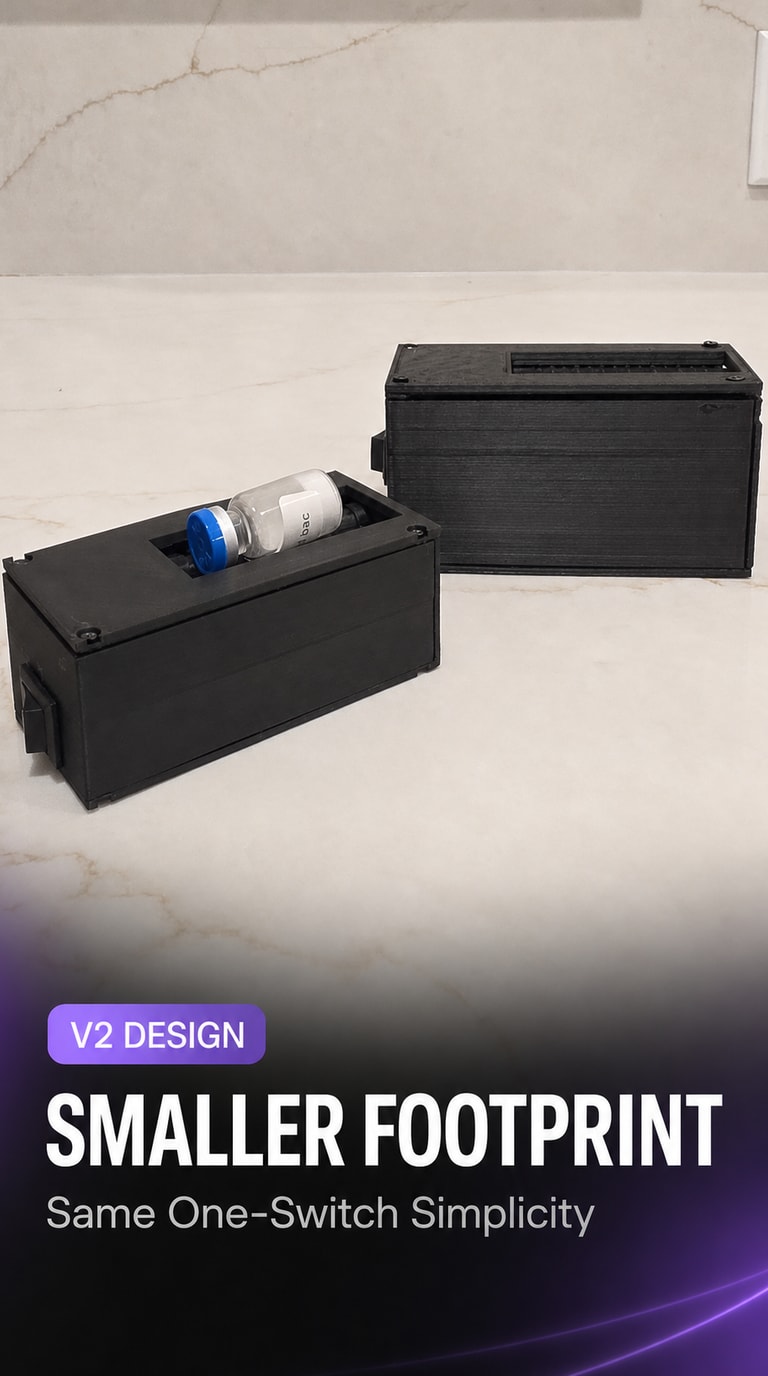 Compact SPT Peptide Vial Roller V2 front view beside the original housing