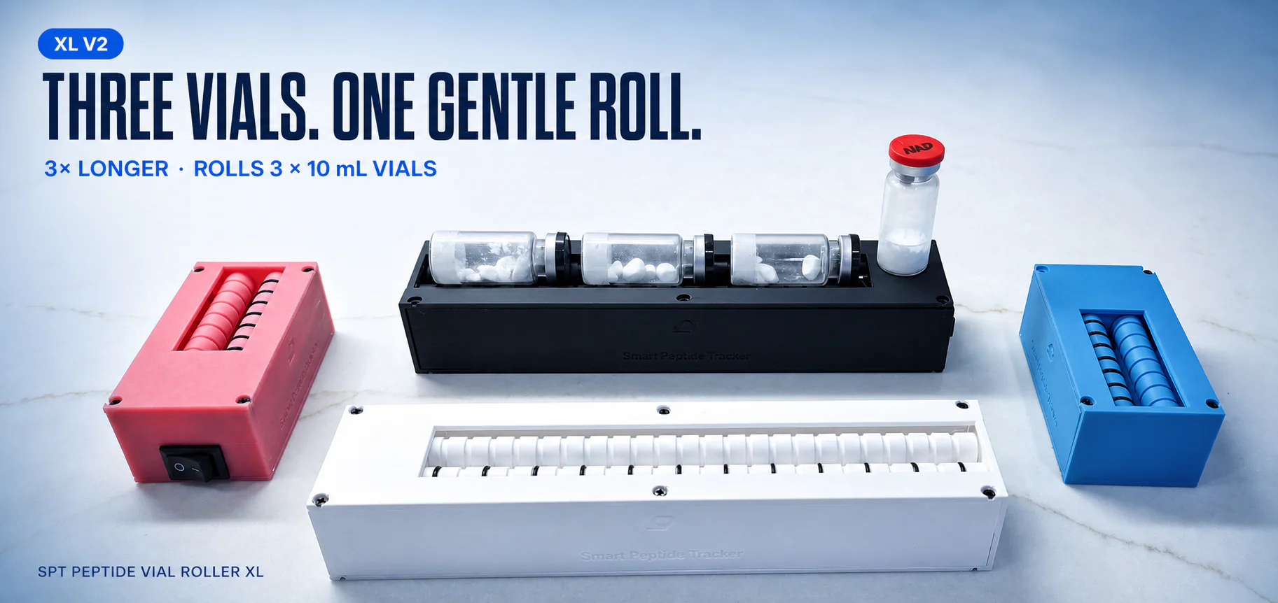 Black and white XL V2 rollers showing three-vial capacity beside Standard V2 rollers
